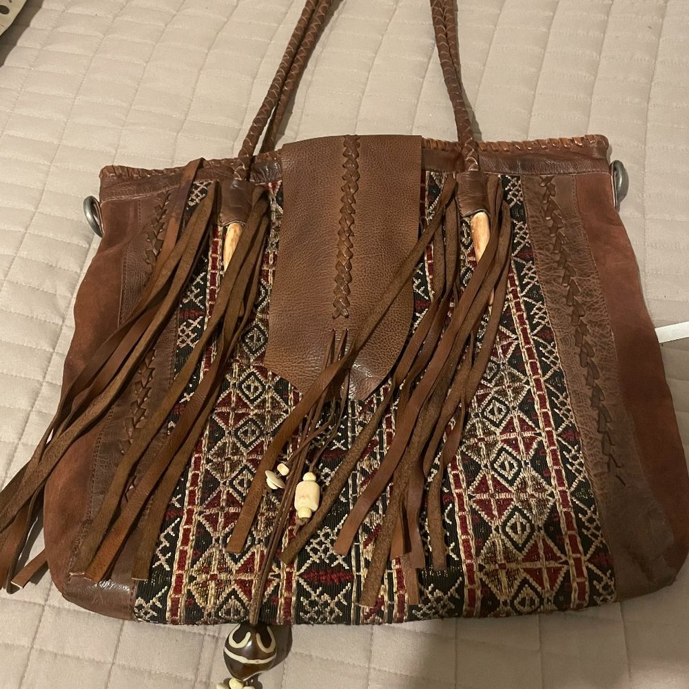 Free People BOHO Tapestry Leather Tote Beaded Fringe Tote Purse